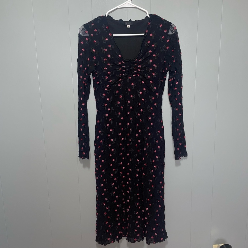 Lapis Vintage Black Lace with Pink Flowers Long Sleeve Midi Dress Medium